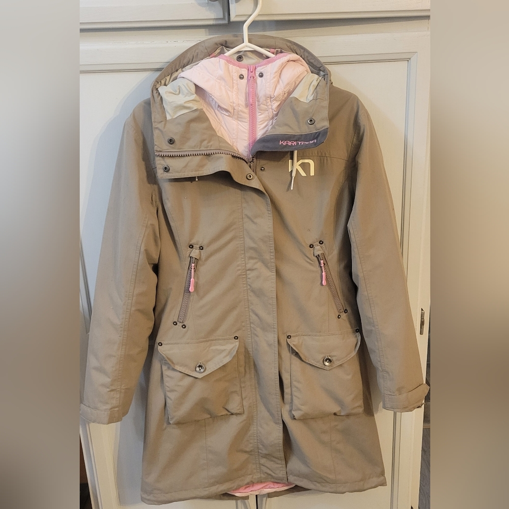 Karitraa 2 in 1 sinched back long hooded jacket with removable zip puffer